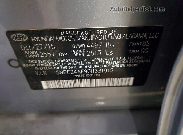5NPE24AF9GH331912 2016 HYUNDAI SONATA Silver ძრავის განყოფილების ხედი