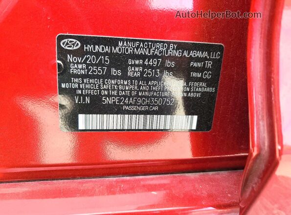 5NPE24AF9GH350752 2016 HYUNDAI SONATA Red VIN sticker view