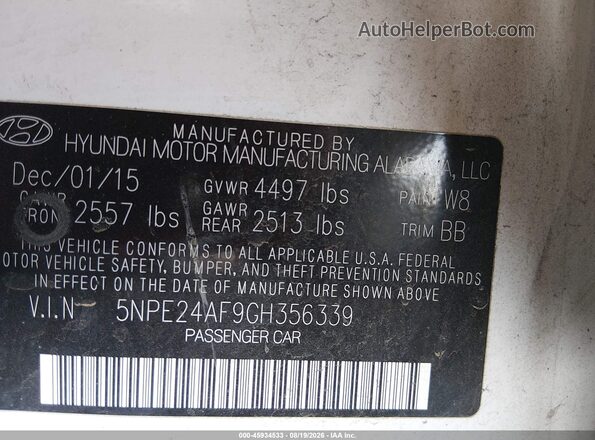 5NPE24AF9GH356339 2016 HYUNDAI SONATA White ძრავის განყოფილების ხედი