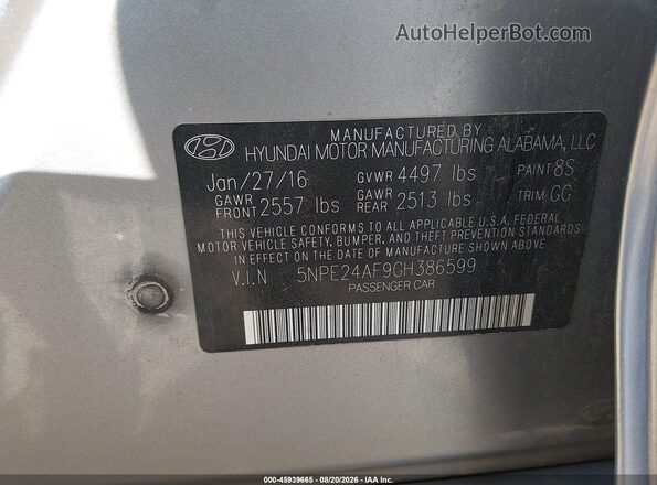 5NPE24AF9GH386599 2016 HYUNDAI SONATA Gray Vista del compartimento del motor
