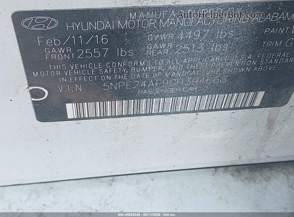 5NPE24AF9GH394668 2016 HYUNDAI SONATA White ძრავის განყოფილების ხედი