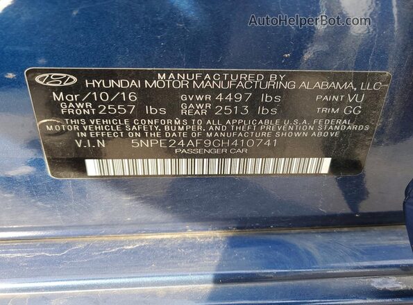 5NPE24AF9GH410741 2016 HYUNDAI SONATA Blue VIN sticker view