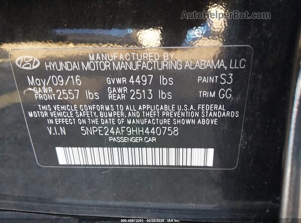 5NPE24AF9HH440758 2017 HYUNDAI SONATA Black Engine compartment view