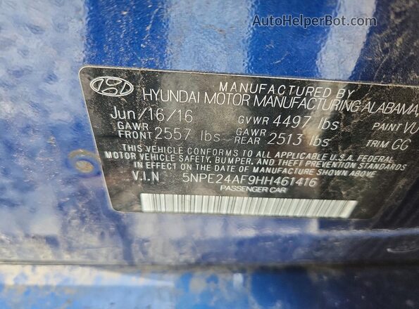5NPE24AF9HH461416 2017 HYUNDAI SONATA Blue ძრავის განყოფილების ხედი