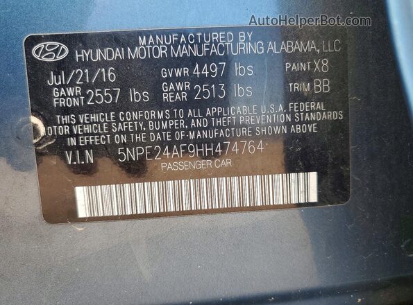 5NPE24AF9HH474764 2017 HYUNDAI SONATA Blue Вид наклейки з VIN-кодом