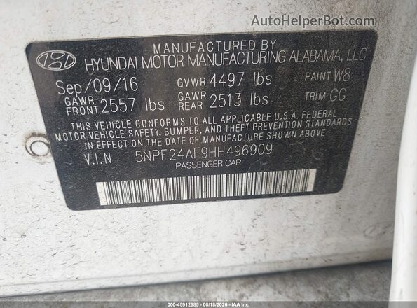 5NPE24AF9HH496909 2017 HYUNDAI SONATA White Vista del compartimento del motor
