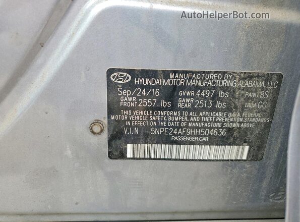 5NPE24AF9HH504636 2017 HYUNDAI SONATA Blue VIN sticker view