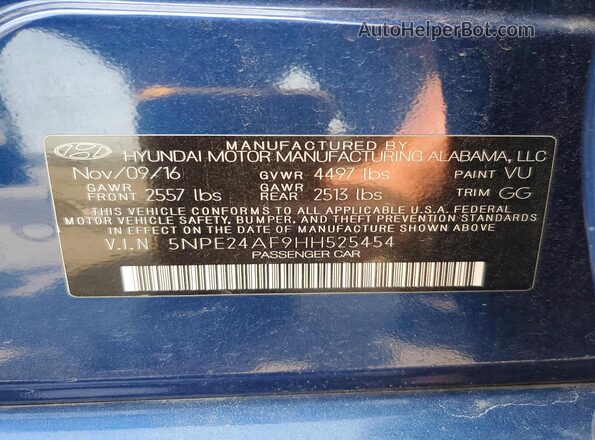 5NPE24AF9HH525454 2017 HYUNDAI SONATA Blue Շարժիչի բաժամունքի տեսք
