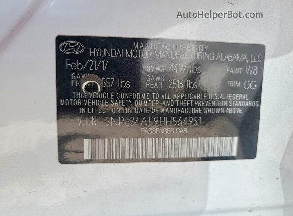 5NPE24AF9HH564951 2017 HYUNDAI SONATA White Вид наклейки з VIN-кодом