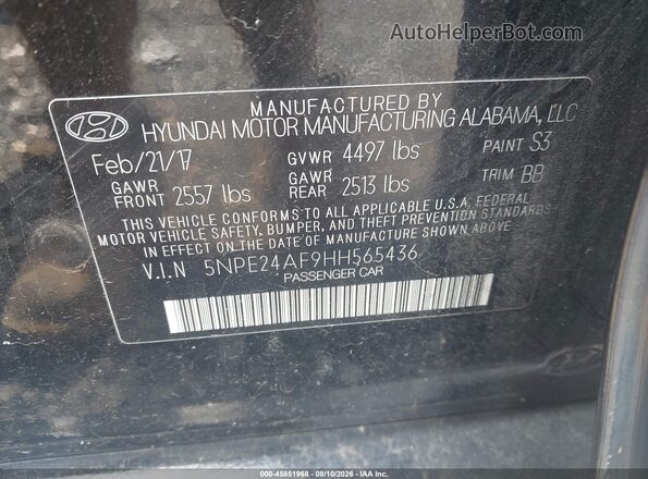 5NPE24AF9HH565436 2017 HYUNDAI SONATA Black ძრავის განყოფილების ხედი