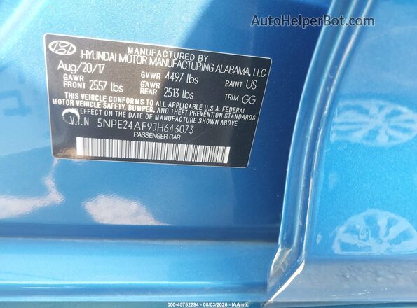 5NPE24AF9JH643073 2018 HYUNDAI SONATA Blue ძრავის განყოფილების ხედი