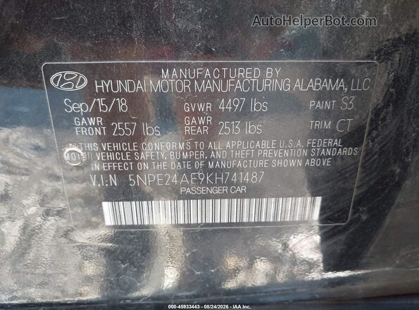 5NPE24AF9KH741487 2019 HYUNDAI SONATA Черный Вид подкапотного пространства