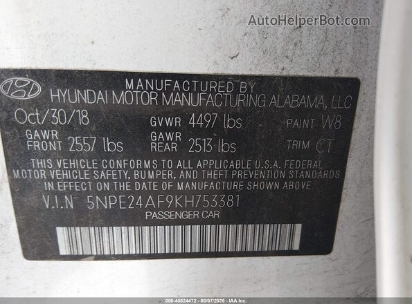 5NPE24AF9KH753381 2019 HYUNDAI SONATA White Вид підкапотного простору