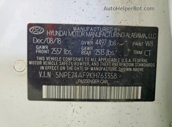 5NPE24AF9KH763358 2019 HYUNDAI SONATA White 