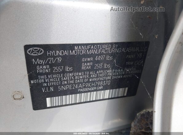 5NPE24AF9KH798370 2019 HYUNDAI SONATA Silver Engine compartment view