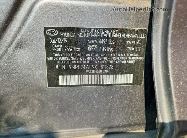 5NPE24AF9KH811828 2019 HYUNDAI SONATA Gray Вид підкапотного простору