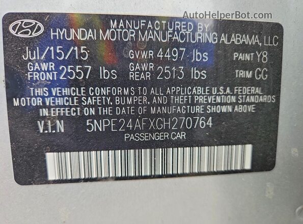 5NPE24AFXGH270764 2016 HYUNDAI SONATA Silver ძრავის განყოფილების ხედი