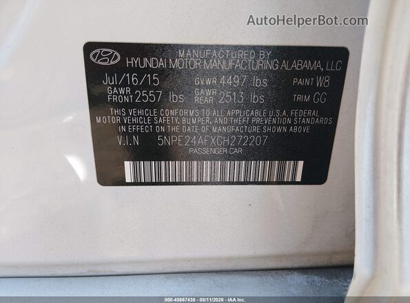 5NPE24AFXGH272207 2016 HYUNDAI SONATA White ძრავის განყოფილების ხედი