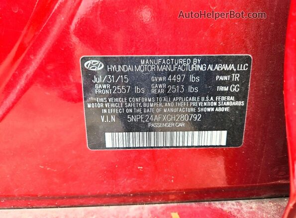 5NPE24AFXGH280792 2016 HYUNDAI SONATA Red Շարժիչի բաժամունքի տեսք