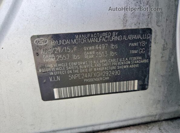 5NPE24AFXGH292490 2016 HYUNDAI SONATA Silver ძრავის განყოფილების ხედი
