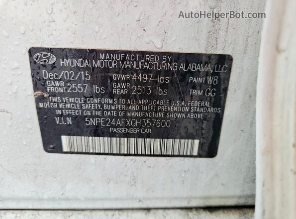 5NPE24AFXGH357600 2016 HYUNDAI SONATA White Engine compartment view
