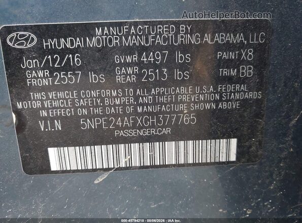 5NPE24AFXGH377765 2016 HYUNDAI SONATA Blue Widok komory silnika
