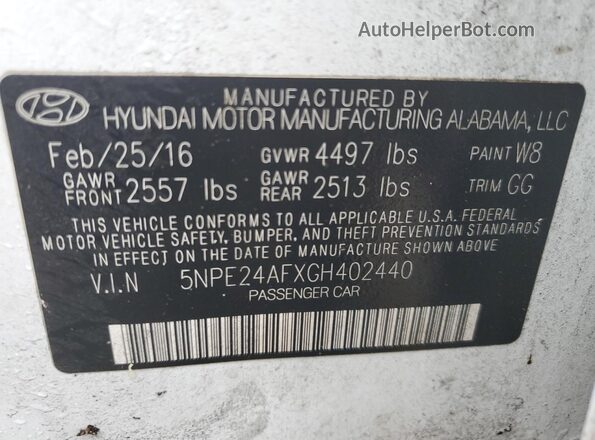 5NPE24AFXGH402440 2016 HYUNDAI SONATA White Շարժիչի բաժամունքի տեսք