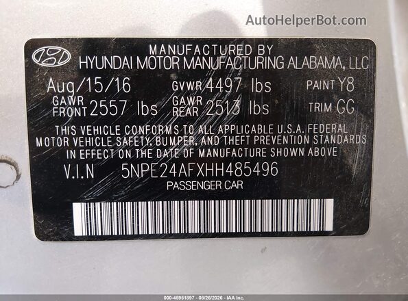 5NPE24AFXHH485496 2017 HYUNDAI SONATA Silver ძრავის განყოფილების ხედი