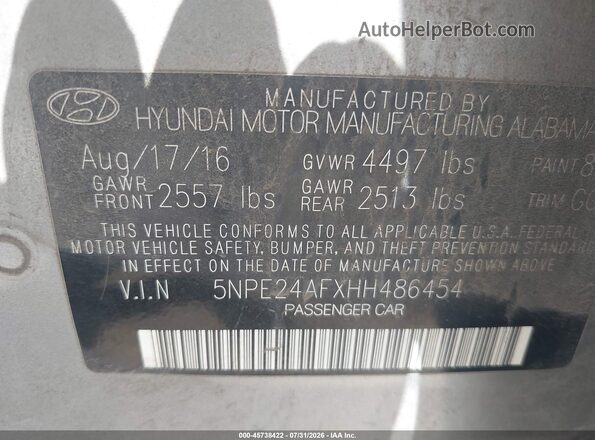 5NPE24AFXHH486454 2017 HYUNDAI SONATA Серебряный Вид подкапотного пространства