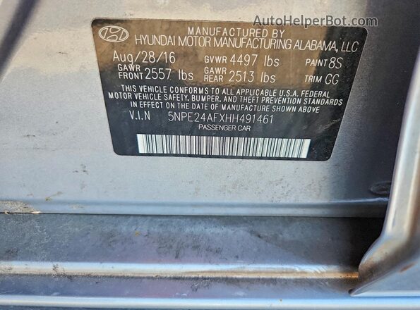 5NPE24AFXHH491461 2017 HYUNDAI SONATA Silver Vista de la etiqueta del VIN