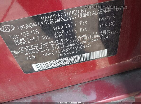 5NPE24AFXHH496448 2017 HYUNDAI SONATA Red Շարժիչի բաժամունքի տեսք