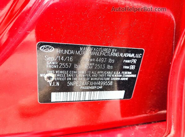 5NPE24AFXHH499558 2017 HYUNDAI SONATA Red Вид наклейки з VIN-кодом