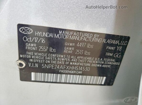 5NPE24AFXHH514530 2017 HYUNDAI SONATA Silver Widok naklejki z numerem VIN