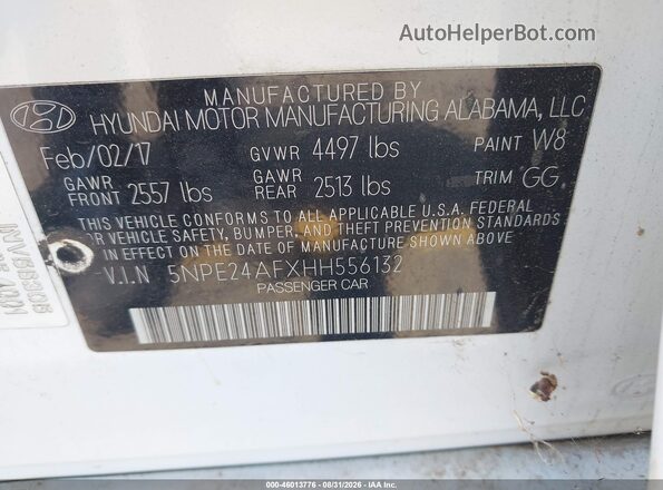 5NPE24AFXHH556132 2017 HYUNDAI SONATA White Շարժիչի բաժամունքի տեսք