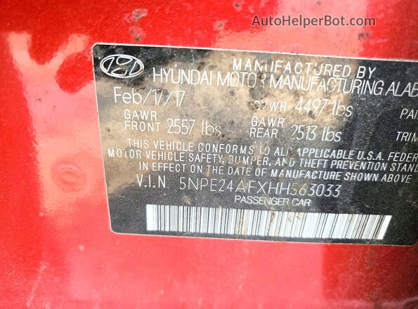 5NPE24AFXHH563033 2017 HYUNDAI SONATA Red Вид підкапотного простору