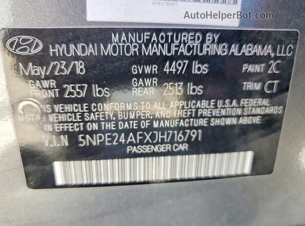 5NPE24AFXJH716791 2018 HYUNDAI SONATA Gray Շարժիչի բաժամունքի տեսք