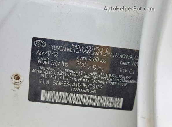 5NPE34AB2JH703169 2018 HYUNDAI SONATA White Вид підкапотного простору