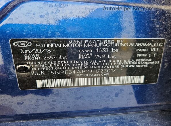 5NPE34AB2JH723017 2018 HYUNDAI SONATA Синий Вид наклейки с VIN-кодом