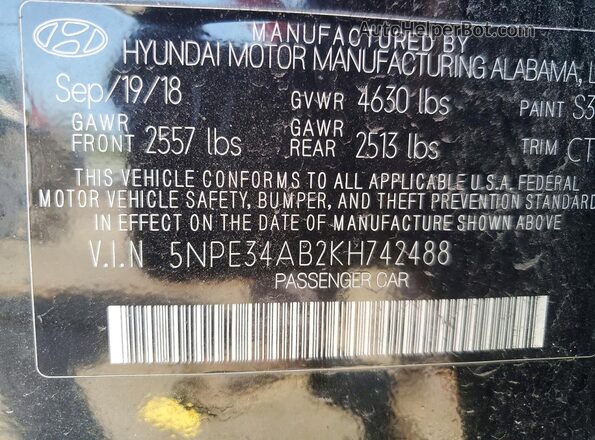 5NPE34AB2KH742488 2019 HYUNDAI SONATA Black Engine compartment view