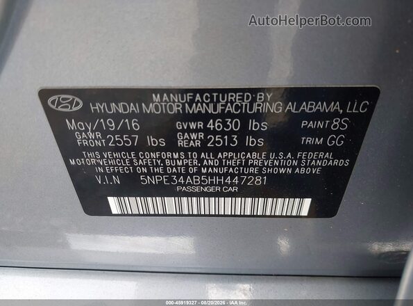 5NPE34AB5HH447281 2017 HYUNDAI SONATA Silver Widok komory silnika