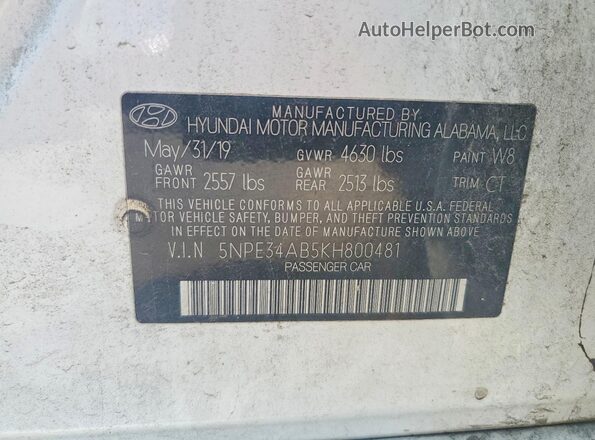 5NPE34AB5KH800481 2019 HYUNDAI SONATA White Вид підкапотного простору