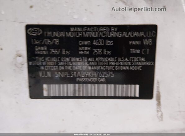 5NPE34AB9KH762575 2019 HYUNDAI SONATA Белый Вид подкапотного пространства