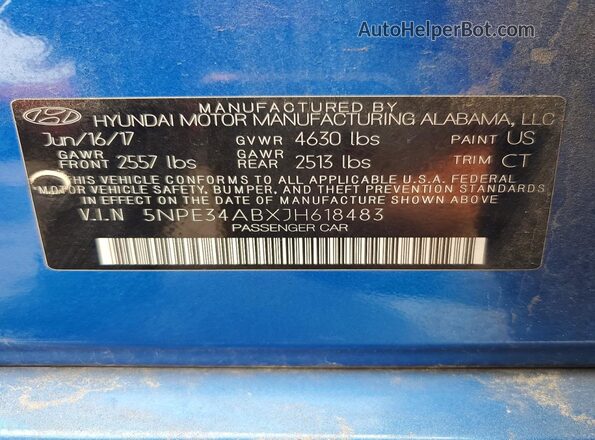 5NPE34ABXJH618483 2018 HYUNDAI SONATA Blue Vista de la etiqueta del VIN