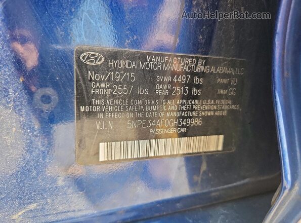5NPE34AF0GH349986 2016 HYUNDAI SONATA Blue ძრავის განყოფილების ხედი