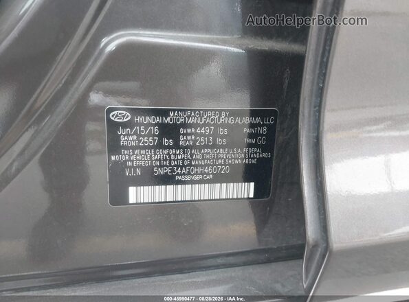 5NPE34AF0HH460720 2017 HYUNDAI SONATA Dark Brown Vista del compartimento del motor