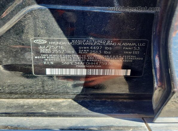 5NPE34AF0HH475976 2017 HYUNDAI SONATA Black Շարժիչի բաժամունքի տեսք