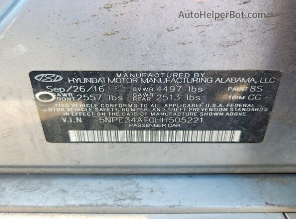 5NPE34AF0HH505221 2017 HYUNDAI SONATA Gray VIN კოდის სტიკერის ხედი
