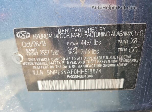 5NPE34AF0HH518874 2017 HYUNDAI SONATA Синий Вид наклейки с VIN-кодом