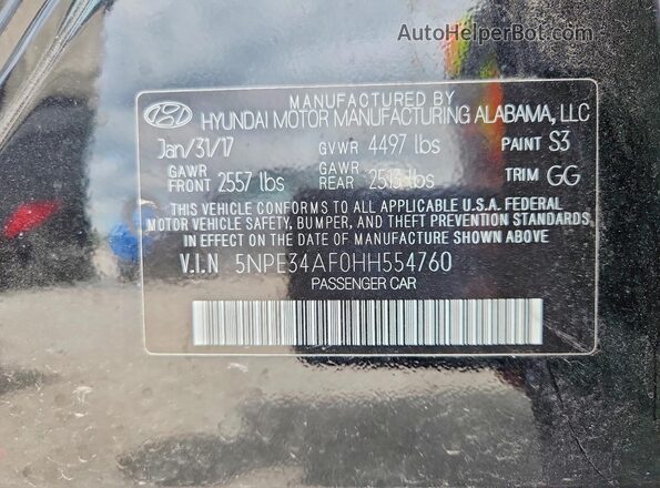 5NPE34AF0HH554760 2017 HYUNDAI SONATA Black VIN კოდის სტიკერის ხედი