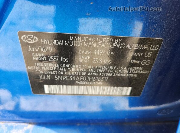5NPE34AF0JH618317 2018 HYUNDAI SONATA Blue Вид підкапотного простору